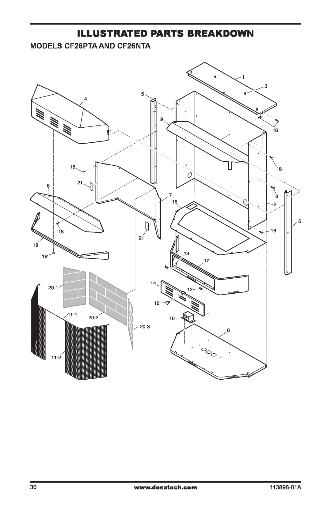 Desa installation manual Illustrated Parts Breakdown, MODELS CF26PTA AND CF26NTA, 20-1, 20-3, 11-2 