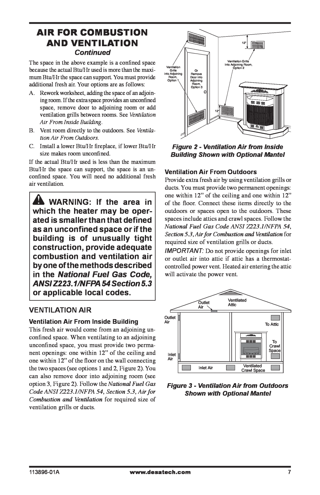 Desa CF26PTA installation manual Continued, Ventilation Air From Inside Building, Ventilation Air From Outdoors 