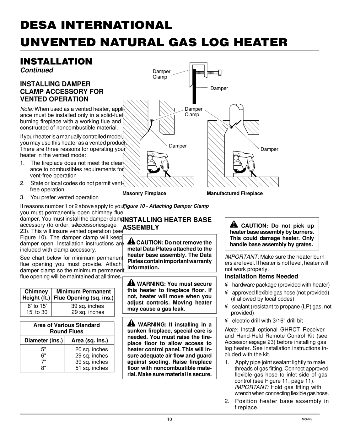 Desa VS24NR VS30NR, CFS18NR, VS18NR Installing Damper Clamp Accessory for Vented Operation, Installing Heater Base Assembly 