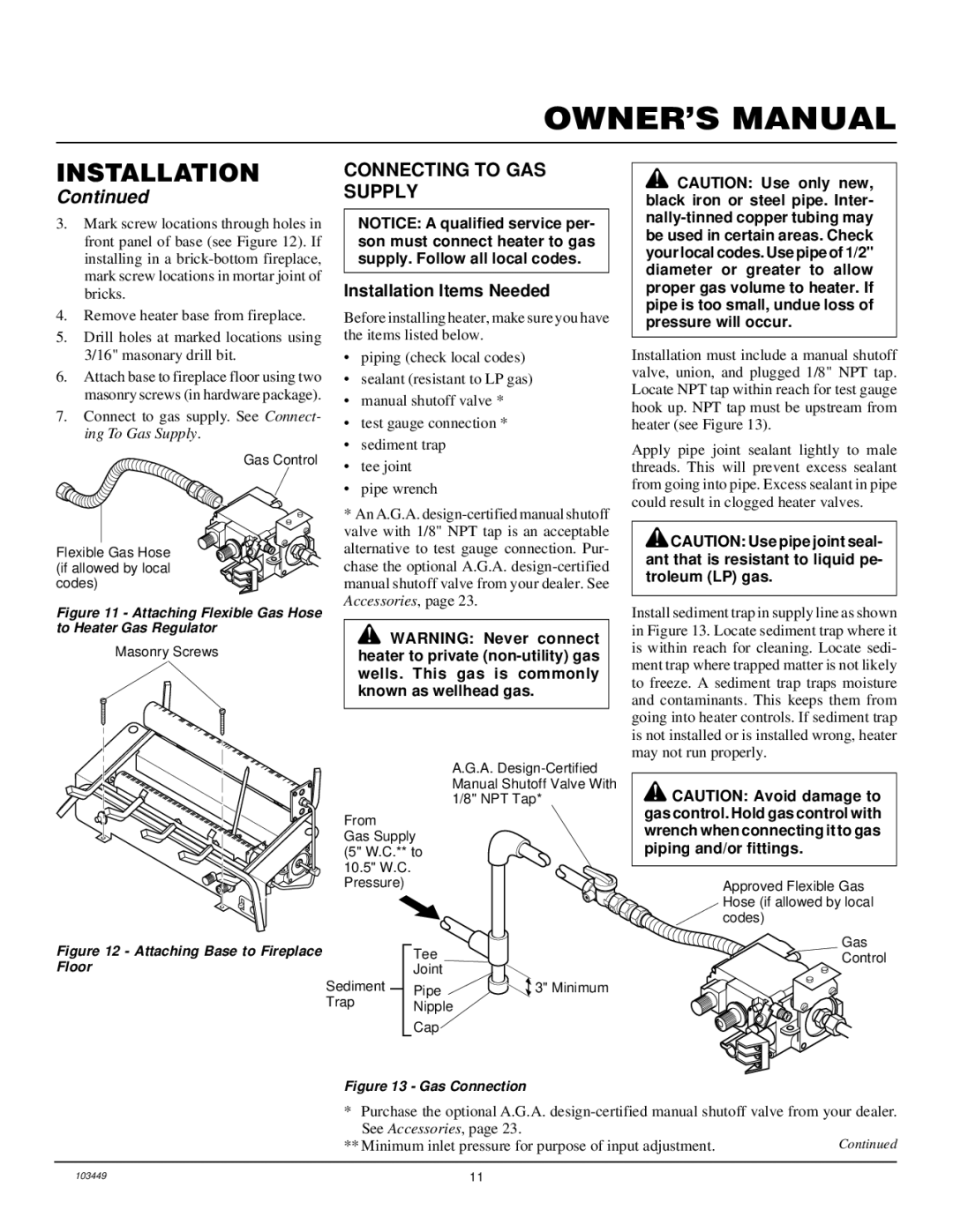 Desa VS18NR, CFS18NR, VS24NR VS30NR Connecting to GAS Supply, Attaching Flexible Gas Hose to Heater Gas Regulator 