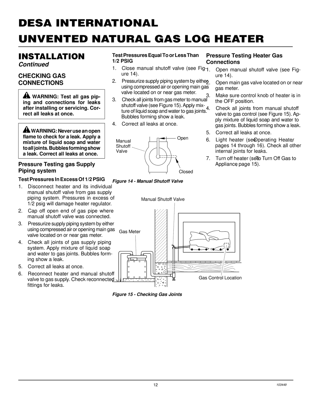 Desa CFS18NR Checking GAS Connections, Pressure Testing Heater Gas Connections, Pressure Testing gas Supply Piping system 