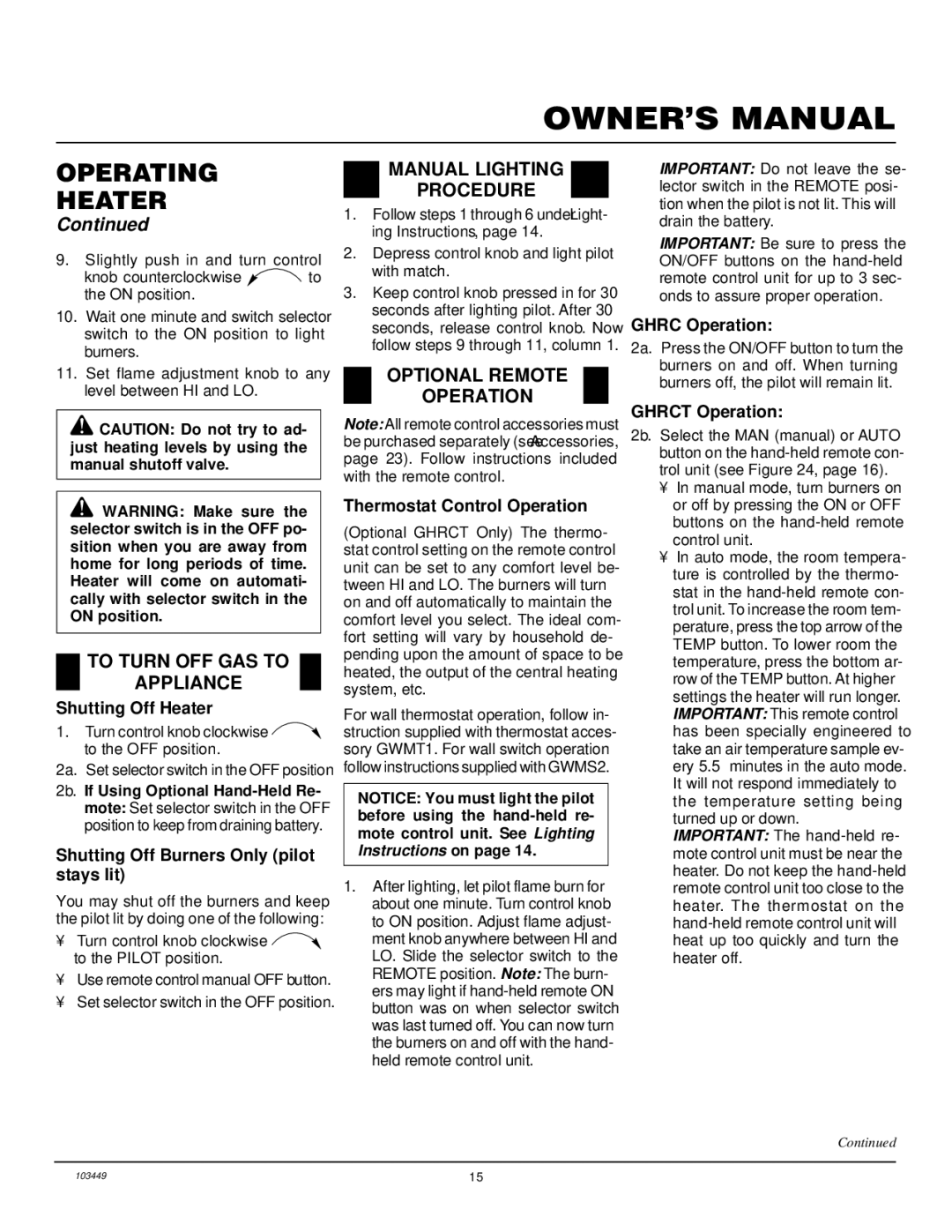 Desa CFS18NR, VS24NR VS30NR, VS18NR To Turn OFF GAS to Appliance, Manual Lighting Procedure, Optional Remote Operation 