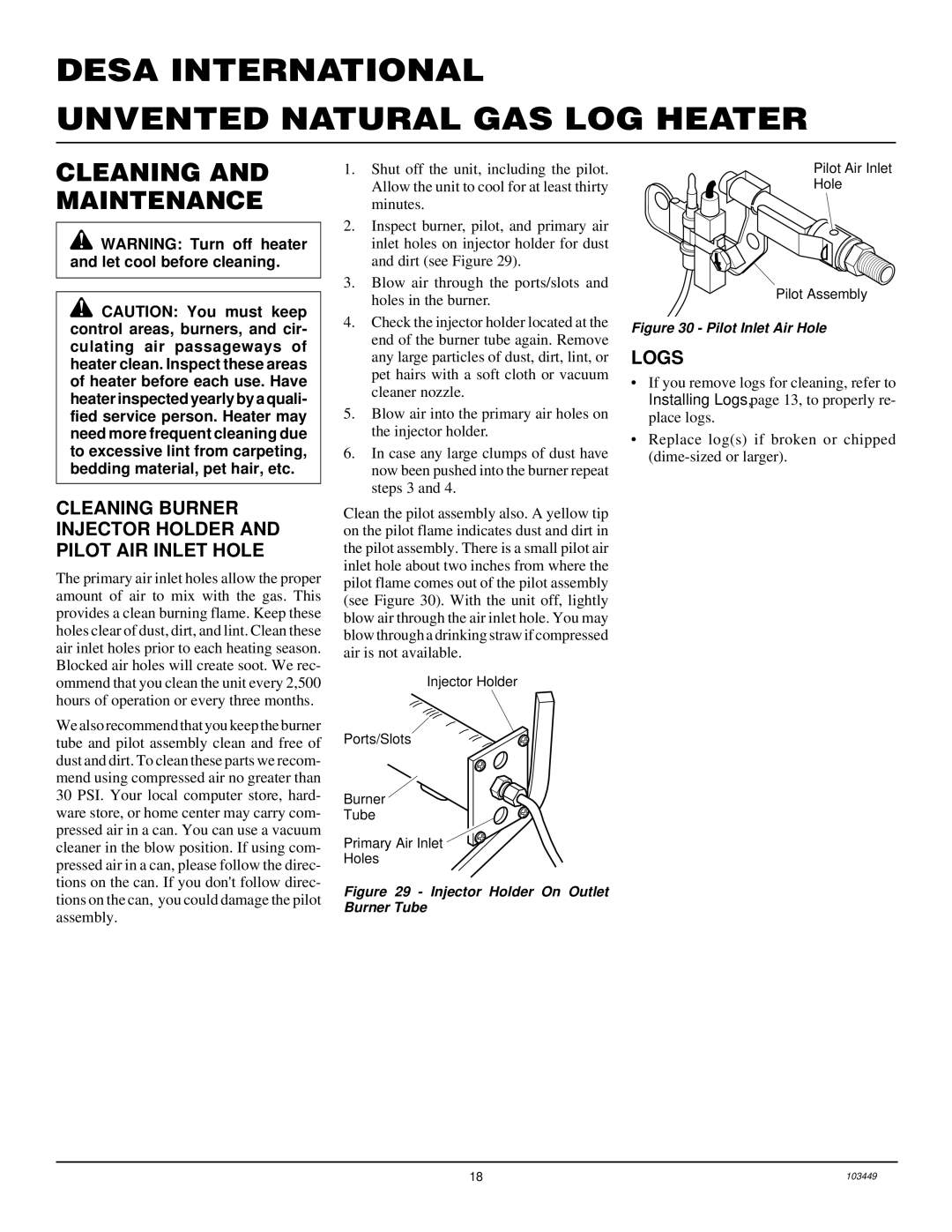 Desa CFS18NR, VS24NR VS30NR Cleaning and Maintenance, Cleaning Burner Injector Holder and Pilot AIR Inlet Hole, Logs 