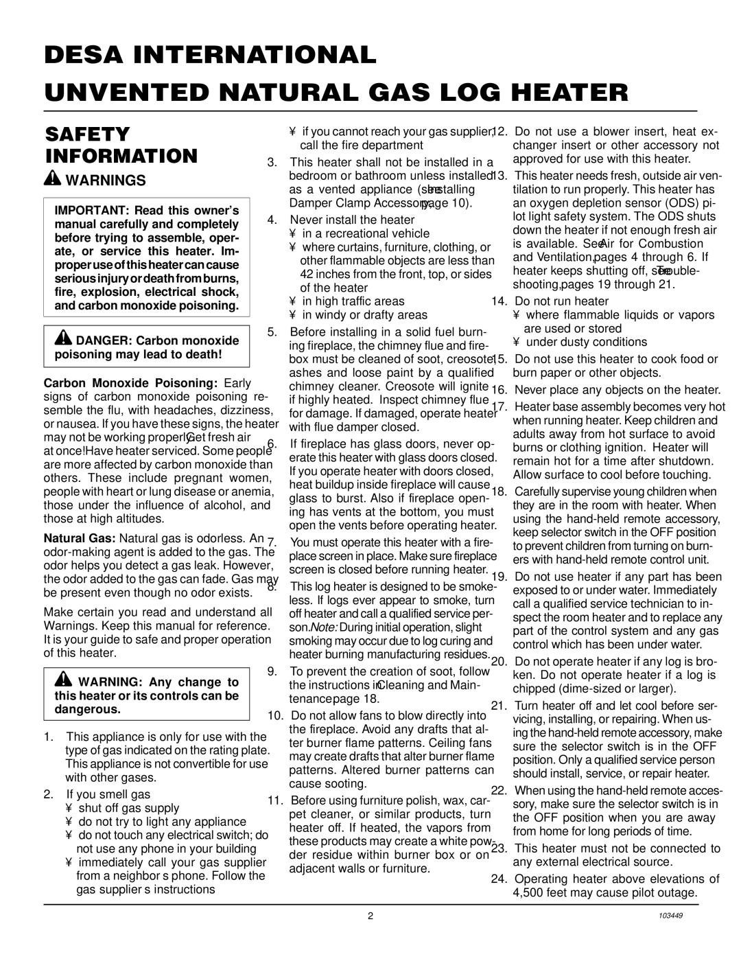 Desa VS18NR, CFS18NR, VS24NR VS30NR Desa International Unvented Natural GAS LOG Heater, Safety Information 