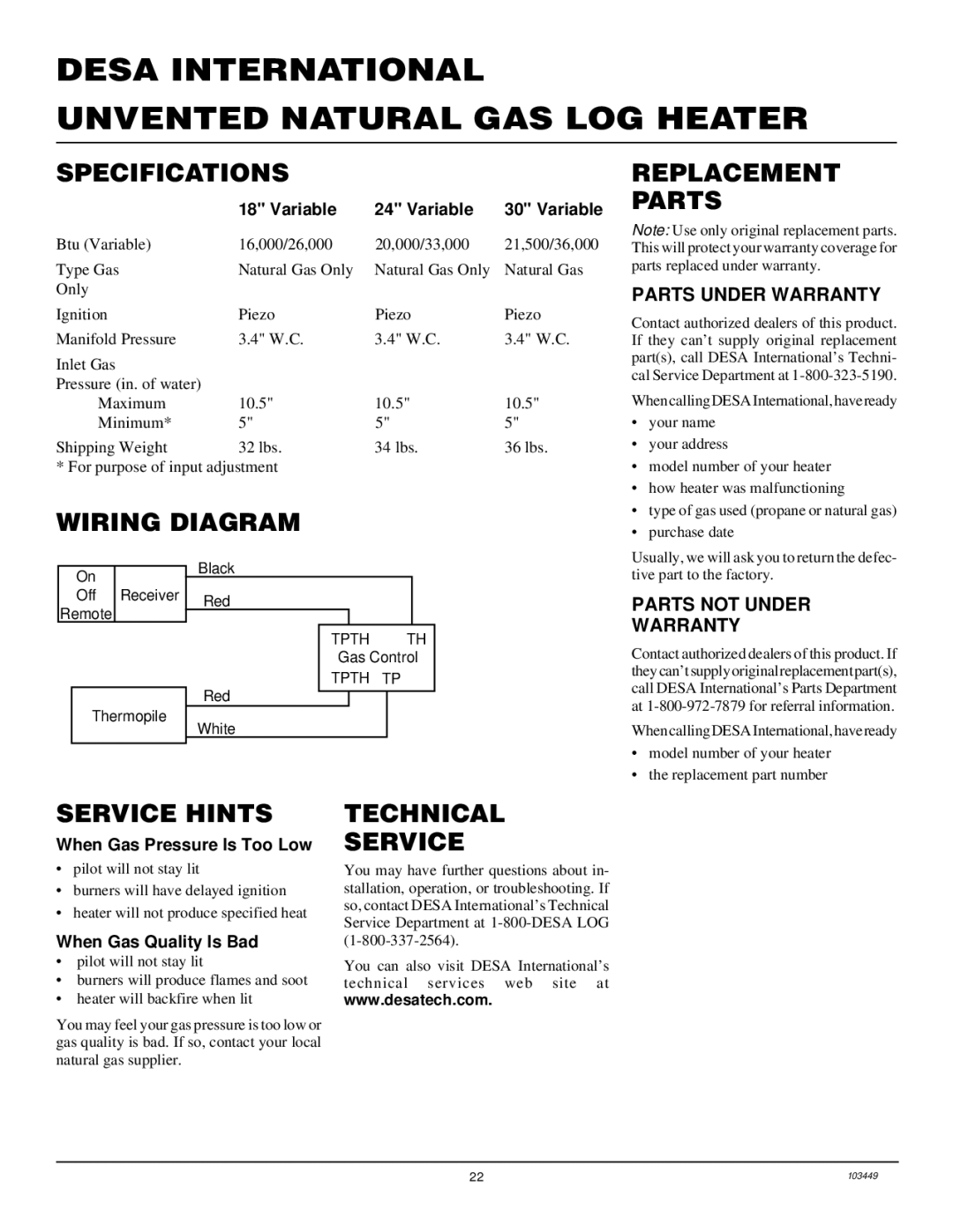 Desa VS24NR VS30NR, CFS18NR, VS18NR Specifications, Wiring Diagram Replacement Parts, Service Hints, Technical Service 