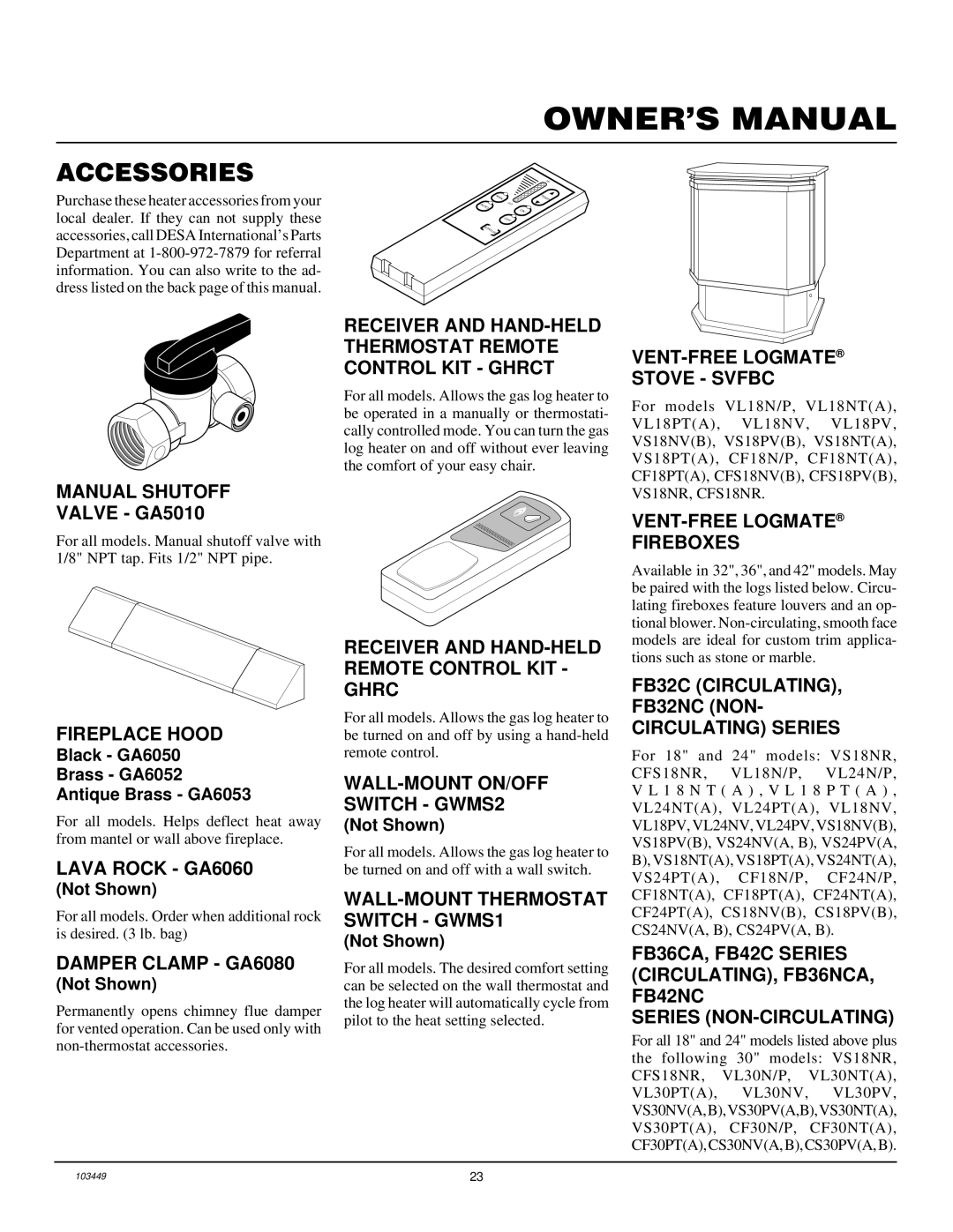 Desa VS18NR, CFS18NR, VS24NR VS30NR installation manual Accessories 