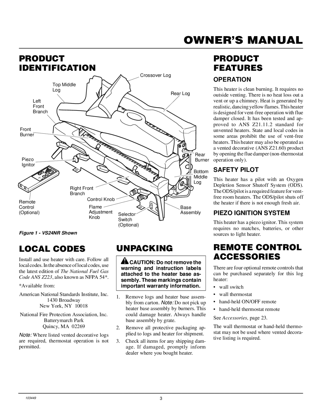 Desa CFS18NR, VS24NR VS30NR Product Identification, Product Features, Local Codes, Unpacking, Remote Control Accessories 