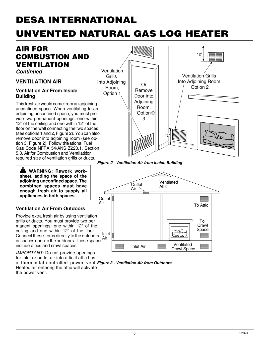 Desa CFS18NR, VS24NR VS30NR, VS18NR Ventilation AIR, Ventilation Air From Inside, Building, Ventilation Air From Outdoors 