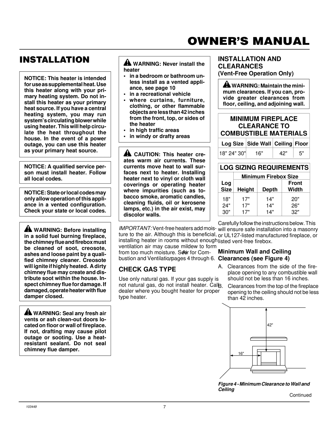 Desa VS24NR VS30NR Check GAS Type, Installation Clearances, Minimum Fireplace Clearance to Combustible Materials 