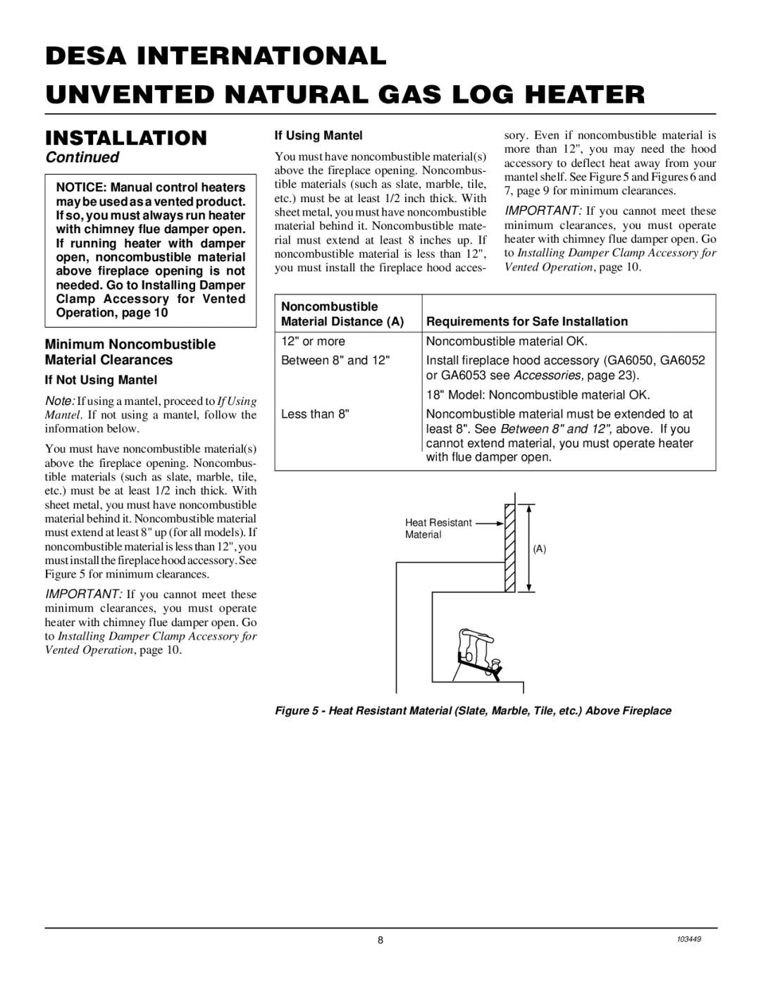 Desa VS18NR, CFS18NR Minimum Noncombustible Material Clearances, If Using Mantel, Operation, If Not Using Mantel 