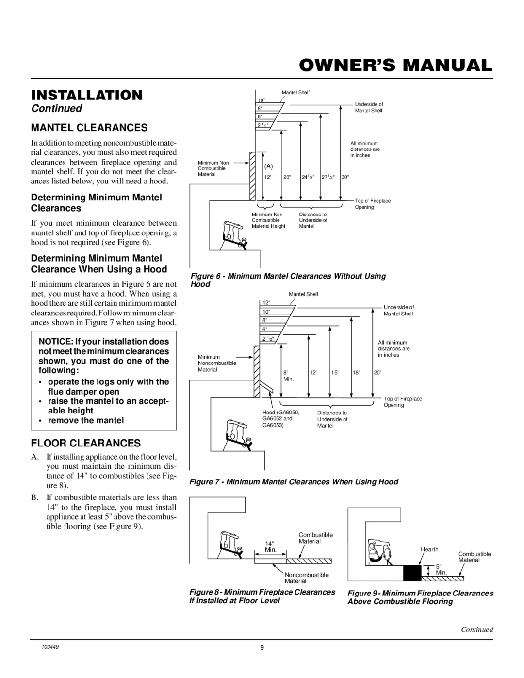 Desa CFS18NR, VS24NR VS30NR, VS18NR installation manual Floor Clearances, Determining Minimum Mantel Clearances 