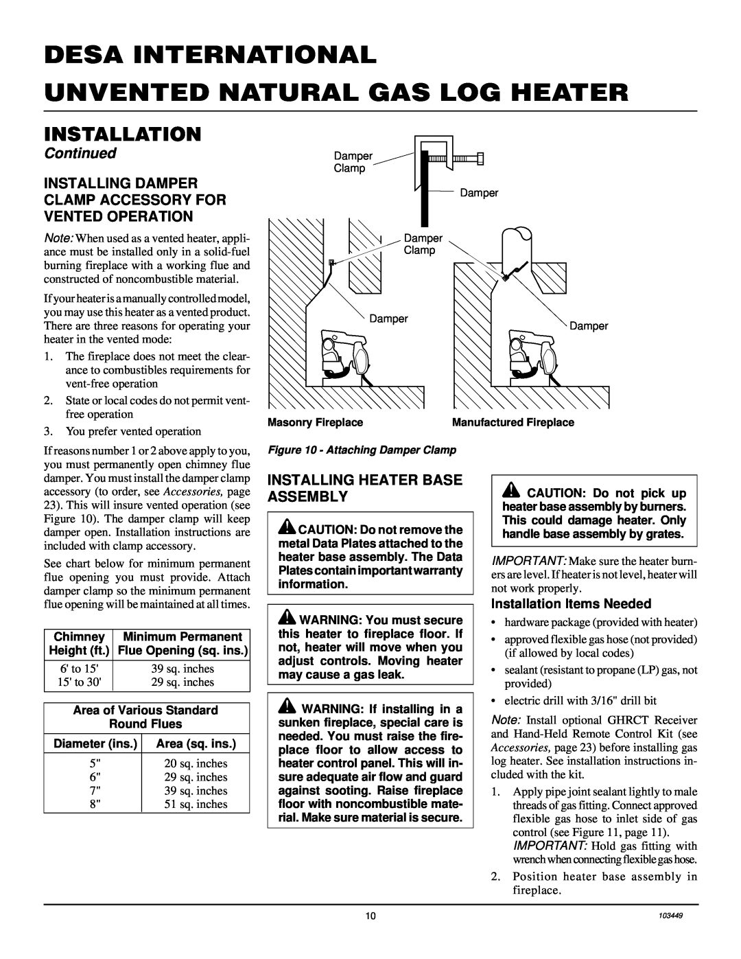 Desa VS24NR VS30NR, CFS18NR Desa International, Unvented Natural Gas Log Heater, Continued, Installation Items Needed 