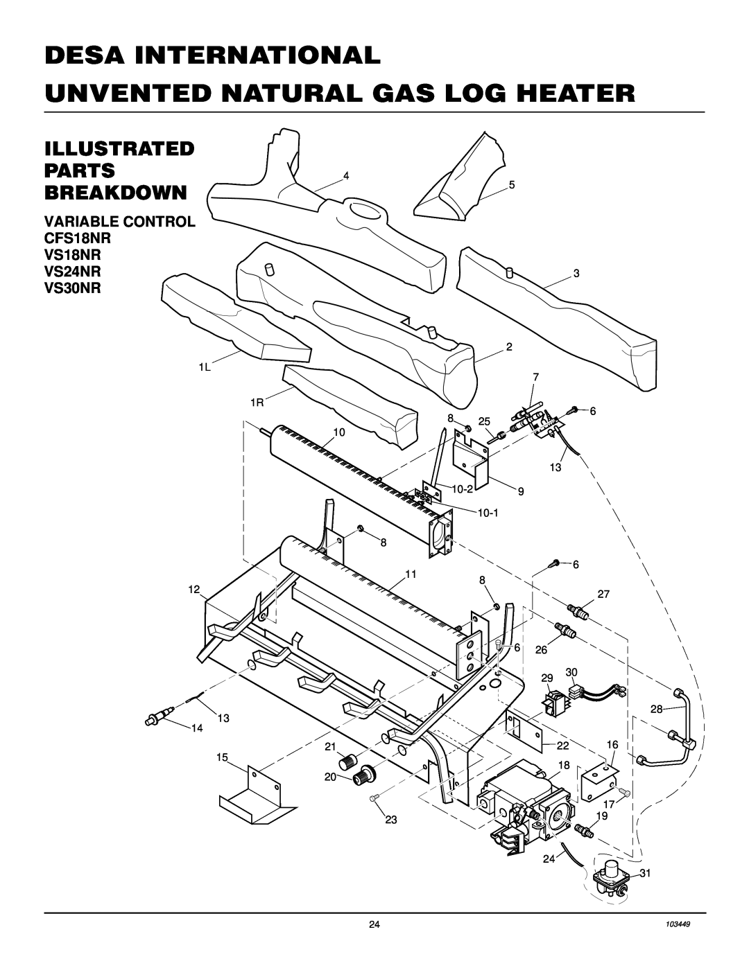 Desa CFS18NR, VS24NR VS30NR, VS18NR Illustrated, Parts, Breakdown, Desa International, Unvented Natural Gas Log Heater 