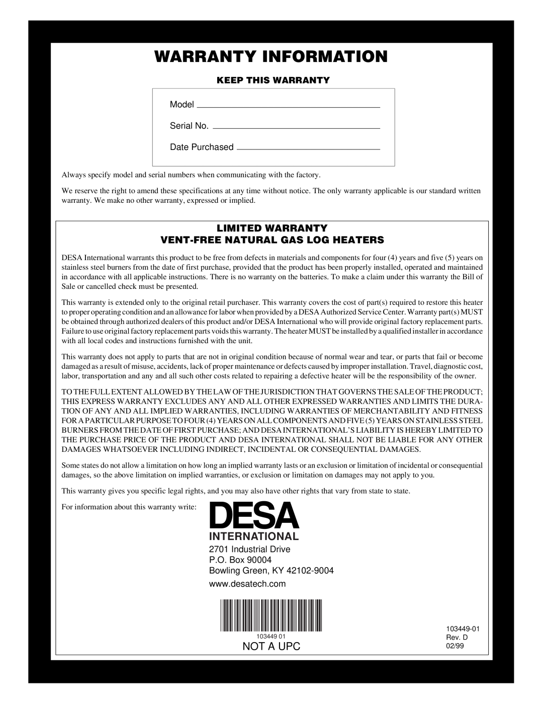 Desa VS18NR, CFS18NR Warranty Information, International, Not A Upc, Limited Warranty Vent-Freenatural Gas Log Heaters 