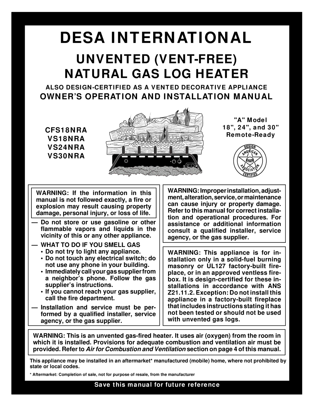 Desa VS24NRA, CFS18NRA, VS18NRA, VS30NRA installation manual Desa International, What to do if YOU Smell GAS 