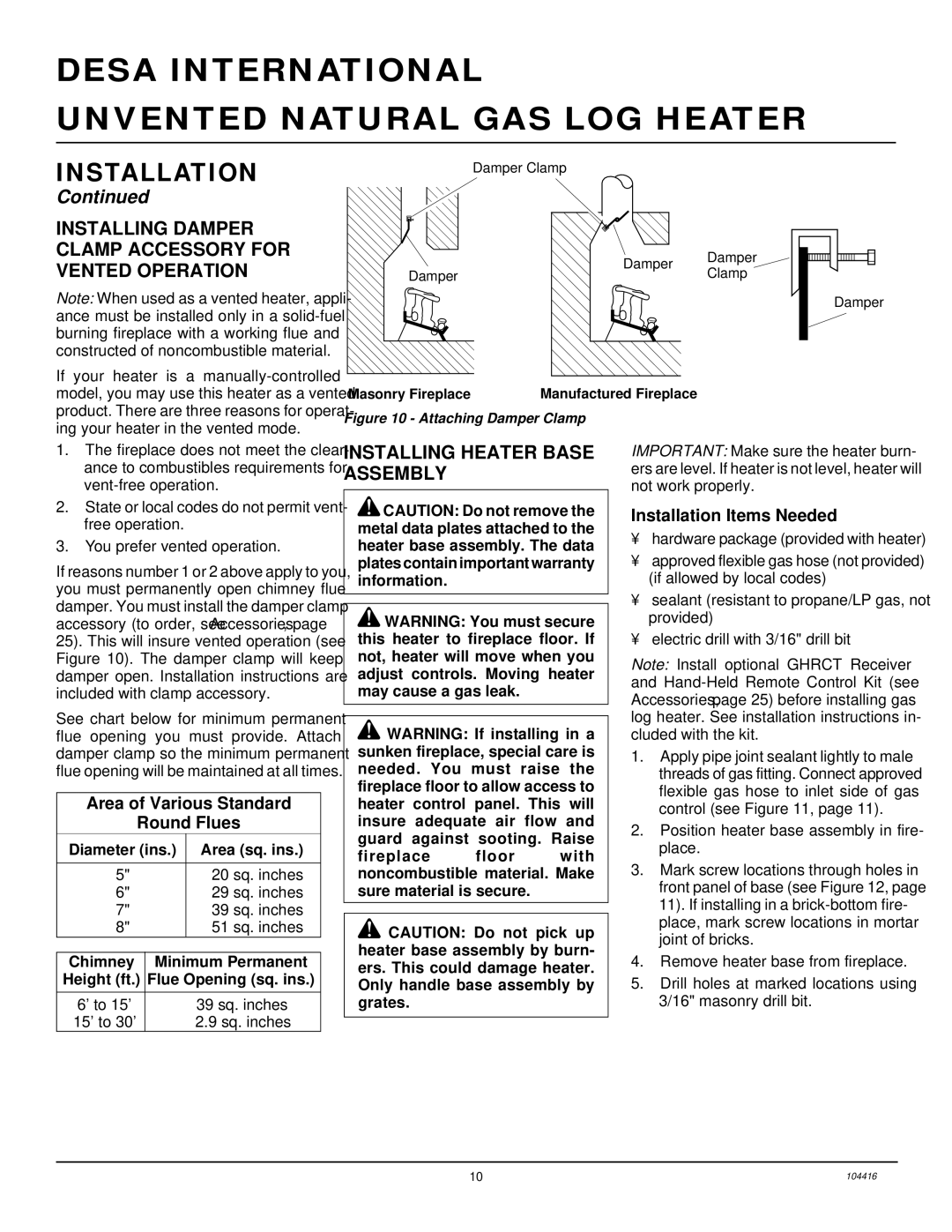 Desa VS18NRA, CFS18NRA, VS24NRA Installing Damper Clamp Accessory for Vented Operation, Installing Heater Base Assembly 