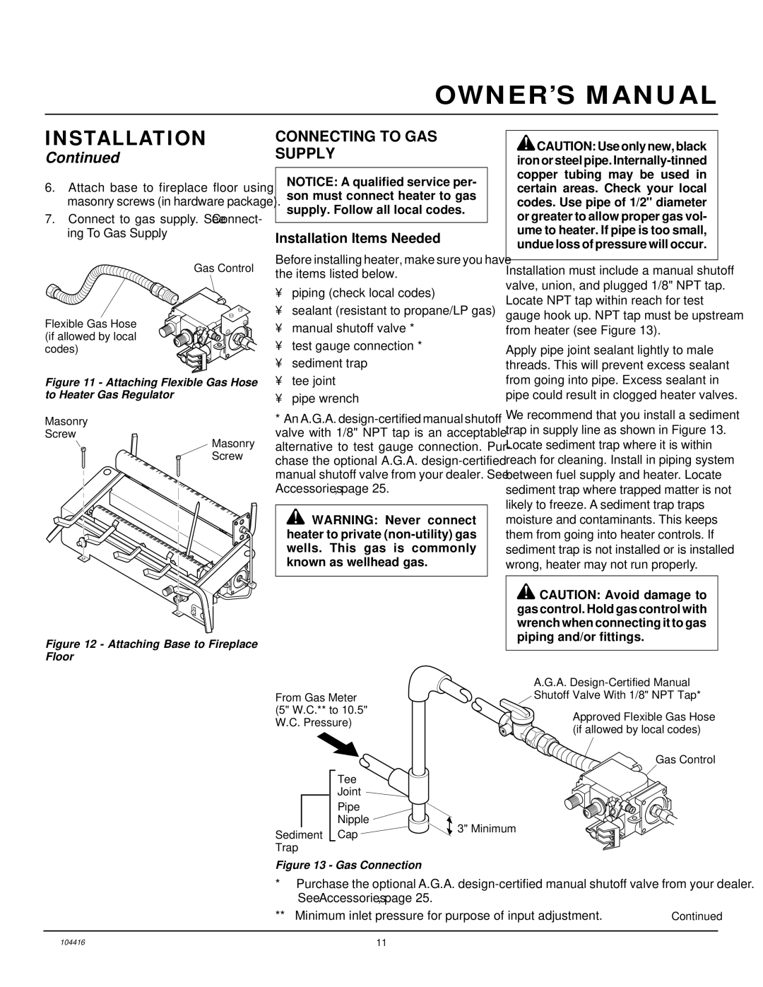 Desa VS30NRA, CFS18NRA, VS24NRA, VS18NRA Connecting to GAS Supply, Attaching Flexible Gas Hose to Heater Gas Regulator 