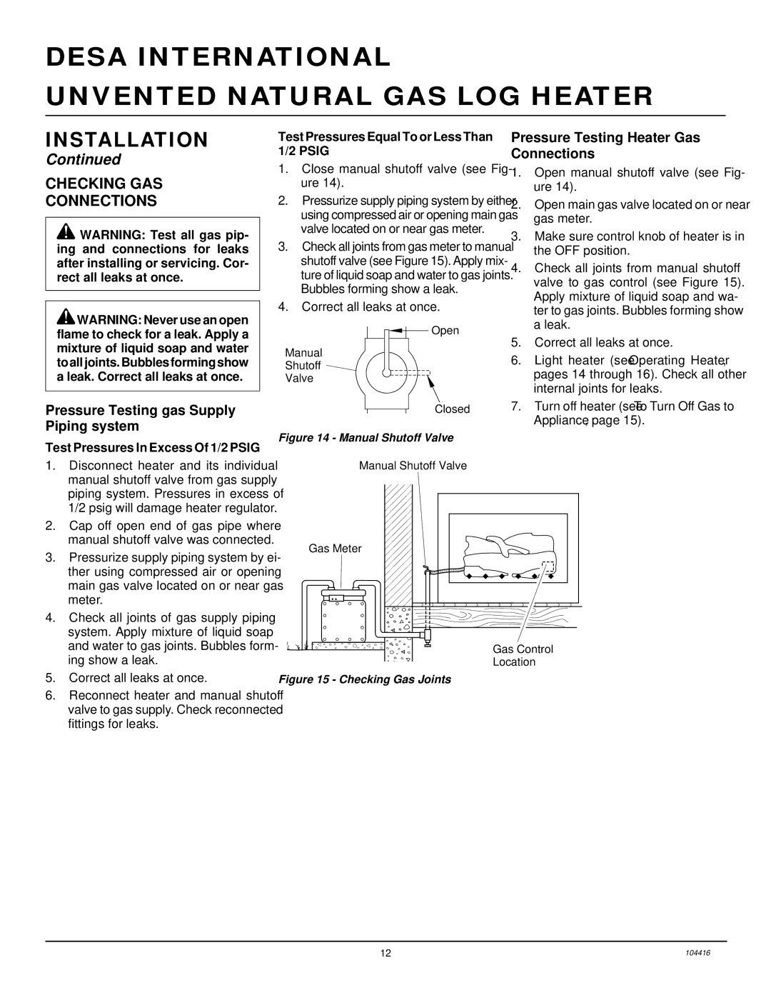 Desa CFS18NRA Checking GAS Connections, Pressure Testing Heater Gas Connections, Pressure Testing gas Supply Piping system 