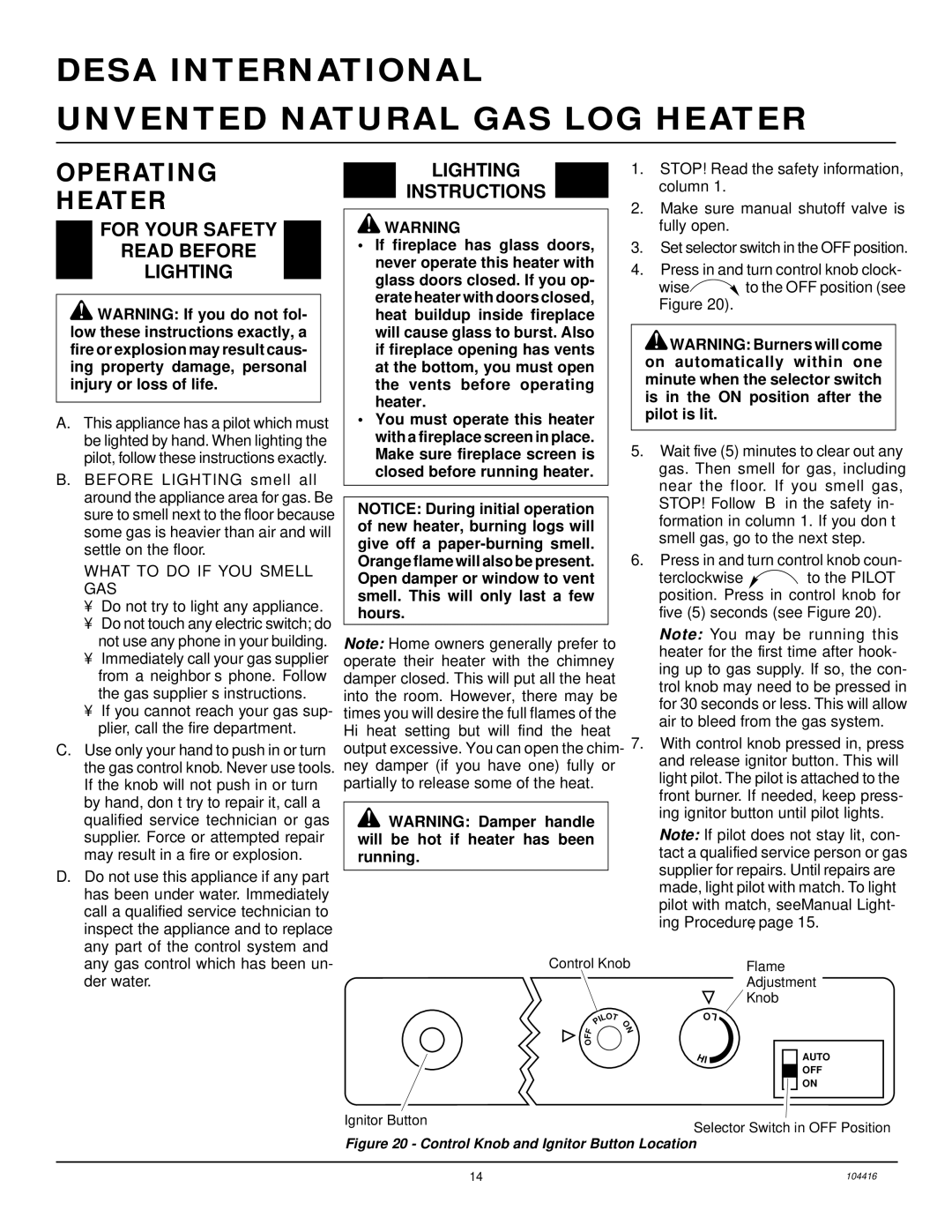 Desa VS18NRA, CFS18NRA, VS24NRA, VS30NRA Operating Heater, For Your Safety Read Before Lighting, Lighting Instructions 