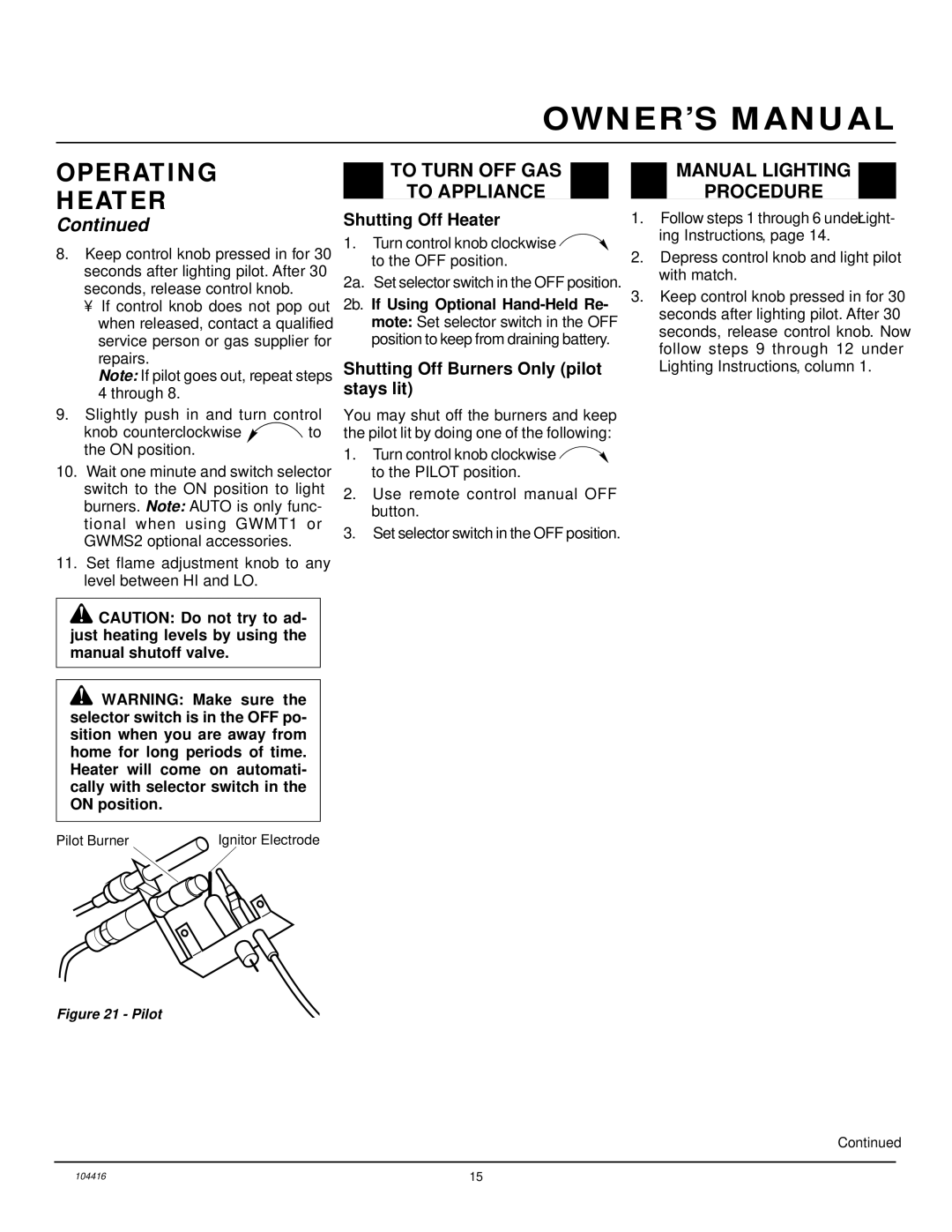 Desa VS30NRA, CFS18NRA, VS24NRA, VS18NRA To Turn OFF GAS To Appliance, Manual Lighting Procedure, Shutting Off Heater 