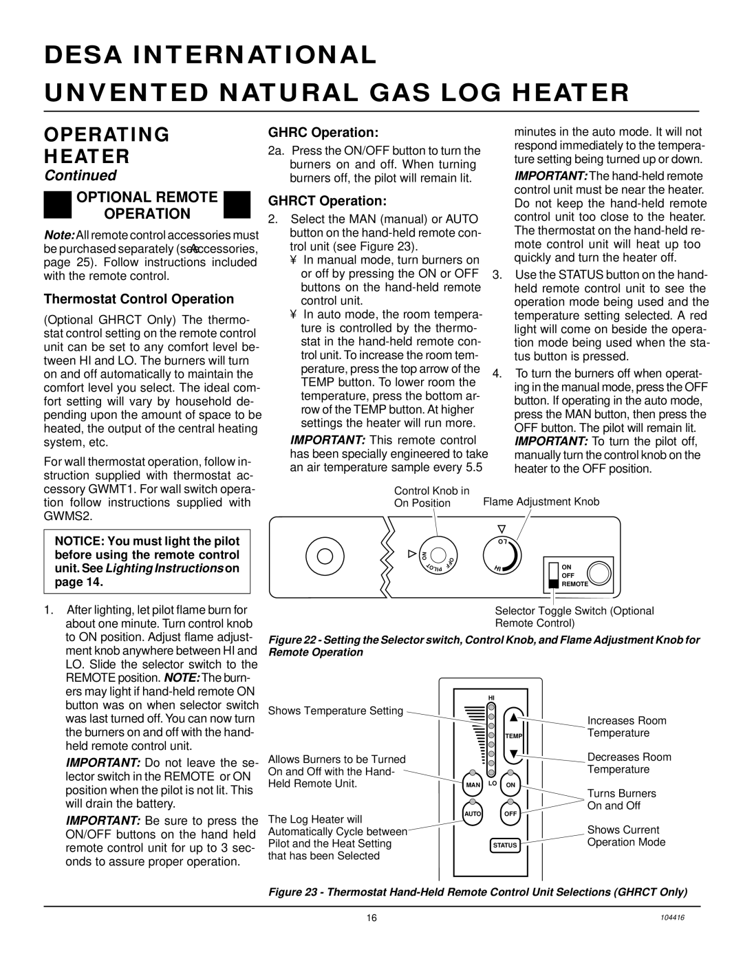 Desa CFS18NRA, VS24NRA, VS18NRA Optional Remote Operation, Thermostat Control Operation, Ghrc Operation, Ghrct Operation 