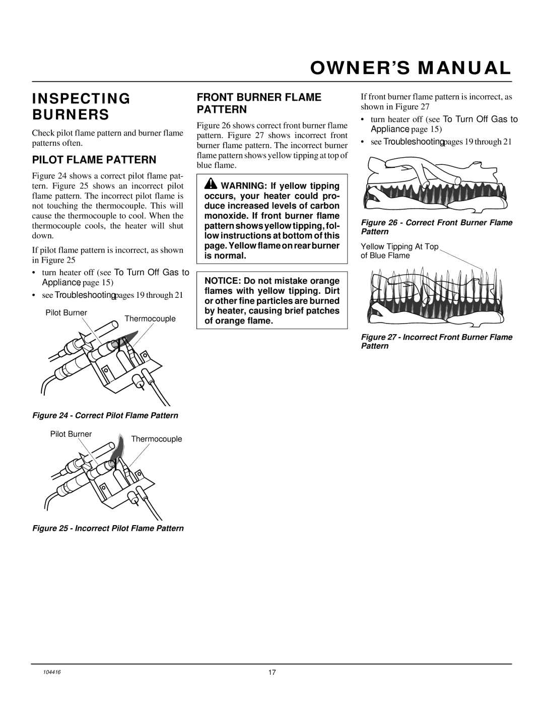 Desa VS24NRA, CFS18NRA, VS18NRA, VS30NRA Inspecting Burners, Pilot Flame Pattern, Front Burner Flame Pattern 