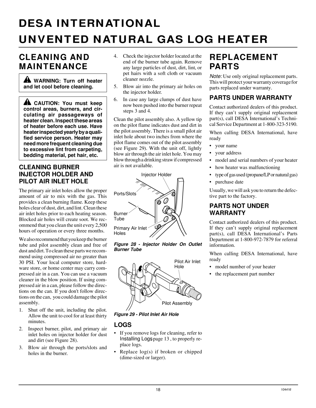 Desa VS18NRA, CFS18NRA, VS24NRA, VS30NRA installation manual Cleaning and Maintenance, Replacement Parts 