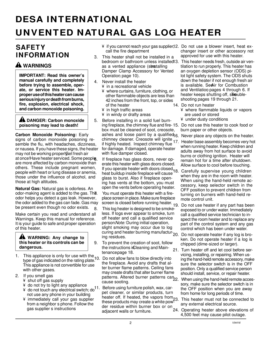 Desa VS18NRA, CFS18NRA, VS24NRA, VS30NRA Desa International Unvented Natural GAS LOG Heater, Safety Information 