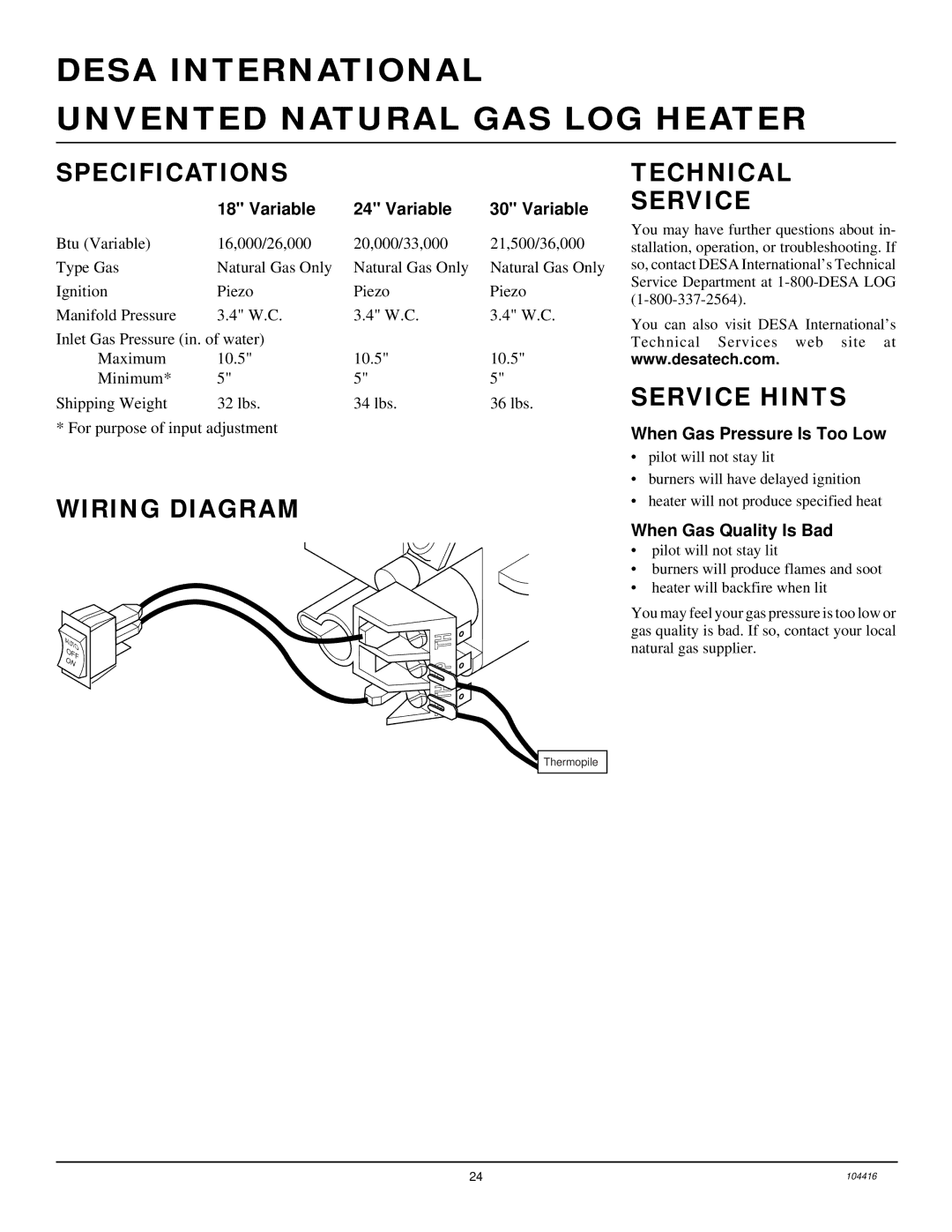 Desa CFS18NRA, VS24NRA, VS18NRA, VS30NRA installation manual Specifications, Technical Service, Wiring Diagram, Service Hints 