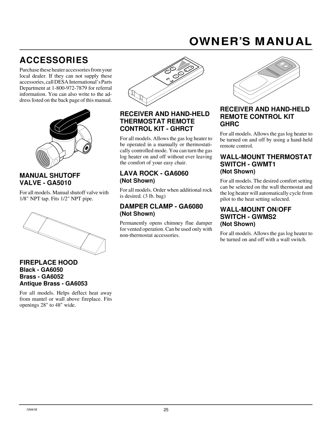 Desa VS24NRA, CFS18NRA, VS18NRA, VS30NRA installation manual Accessories 