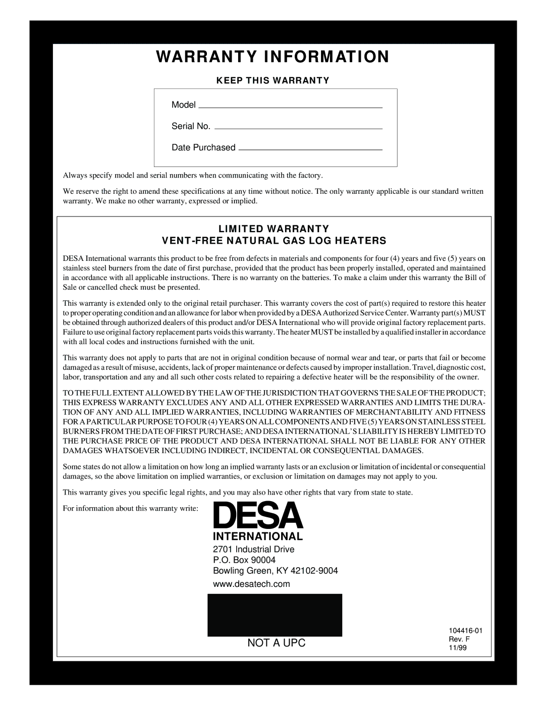 Desa VS18NRA, CFS18NRA, VS24NRA, VS30NRA installation manual Warranty Information, International 