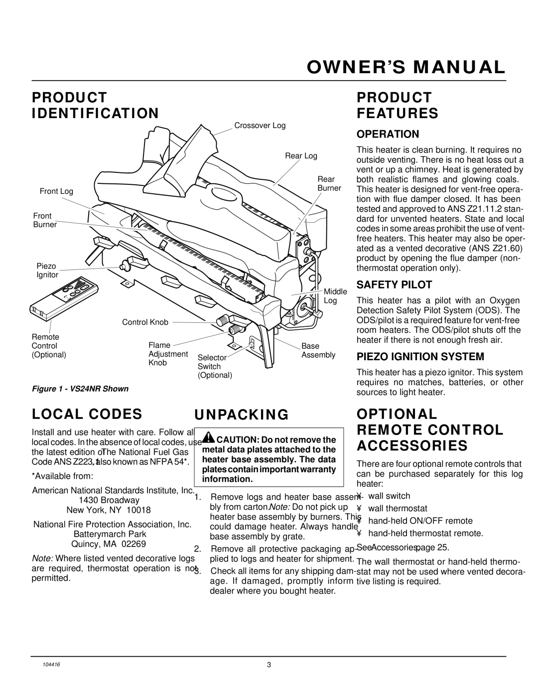 Desa VS30NRA, CFS18NRA Product Identification Features, Local Codes, Unpacking, Optional Remote Control Accessories 