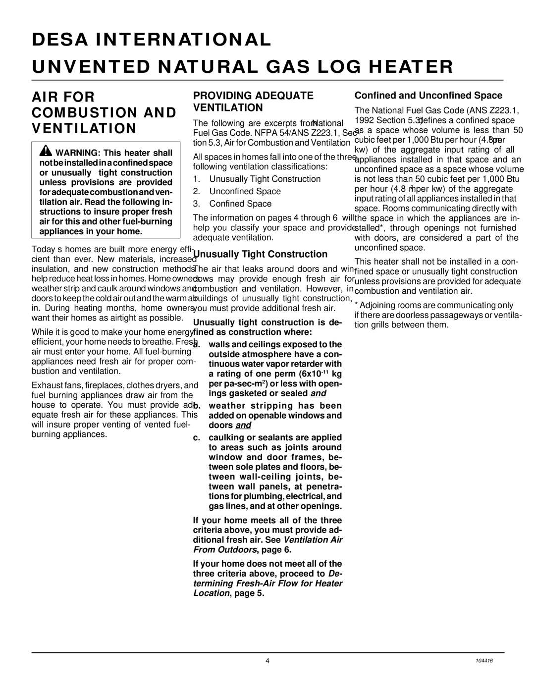 Desa CFS18NRA, VS24NRA AIR for Combustion and Ventilation, Providing Adequate Ventilation, Unusually Tight Construction 