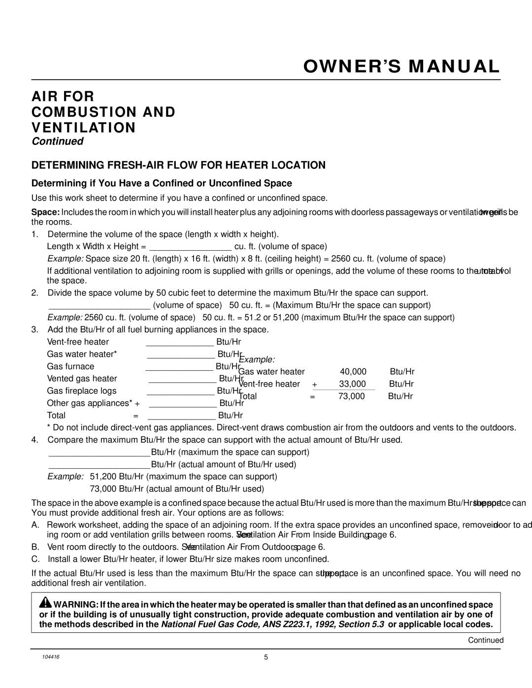 Desa VS24NRA, CFS18NRA, VS18NRA, VS30NRA AIR for Combustion Ventilation, Determining FRESH-AIR Flow for Heater Location 