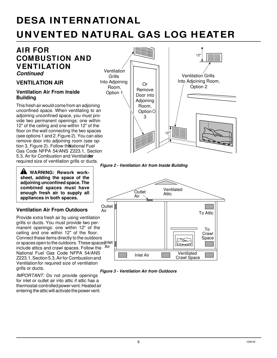 Desa VS18NRA, CFS18NRA, VS24NRA Ventilation AIR, Ventilation Air From Inside, Building, Ventilation Air From Outdoors 