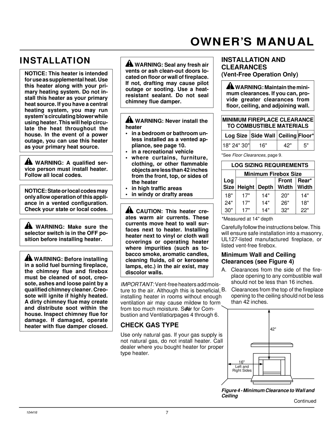 Desa VS30NRA, CFS18NRA, VS24NRA, VS18NRA Installation Clearances, Check GAS Type, Vent-Free Operation Only 