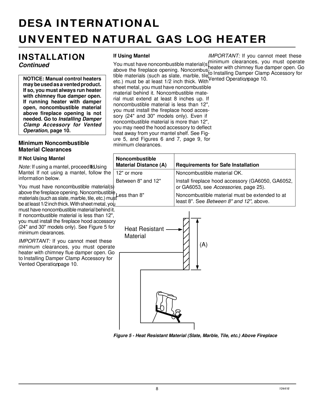 Desa CFS18NRA, VS24NRA, VS18NRA, VS30NRA installation manual Minimum Noncombustible Material Clearances, If Using Mantel 