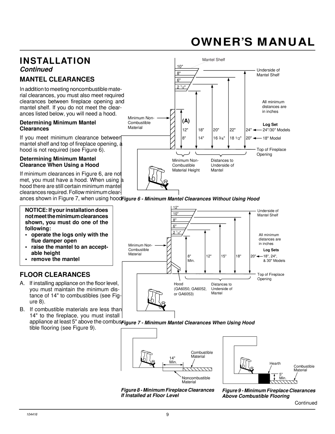 Desa VS24NRA, CFS18NRA, VS18NRA, VS30NRA installation manual Mantel Clearances, Floor Clearances 