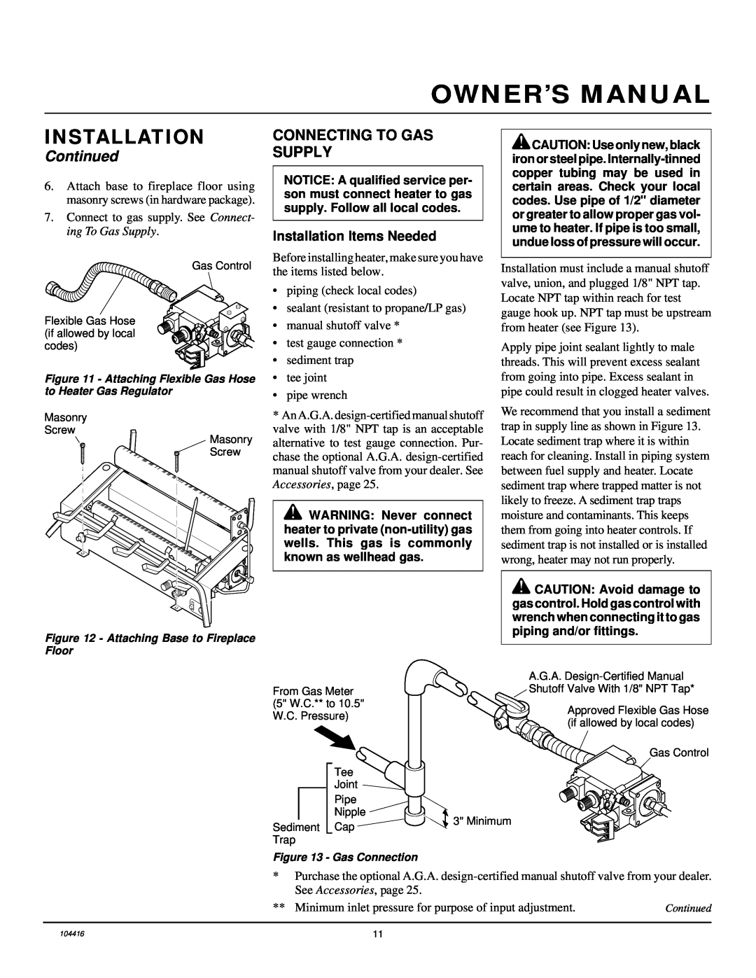 Desa VS30NRA, CFS18NRA, VS24NRA, VS18NRA installation manual Connecting To Gas Supply, Installation, Continued 