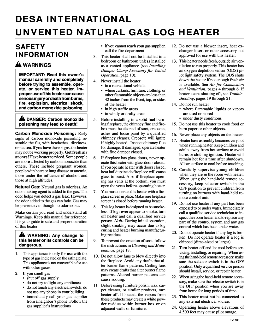 Desa VS18NRA, CFS18NRA, VS24NRA, VS30NRA Desa International, Unvented Natural Gas Log Heater, Safety Information, Warnings 