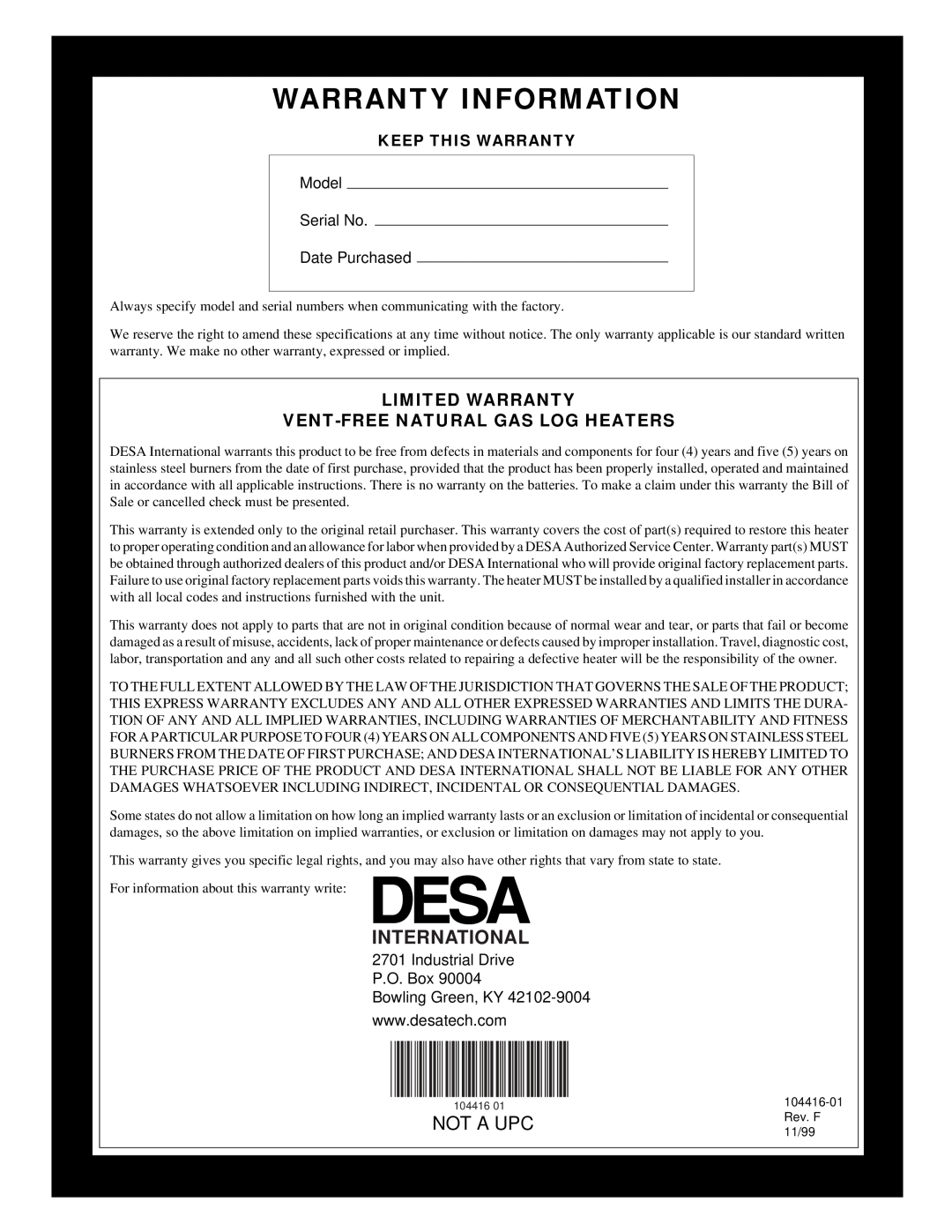 Desa VS18NRA, CFS18NRA, VS24NRA, VS30NRA installation manual International, Warranty Information, Not A Upc 