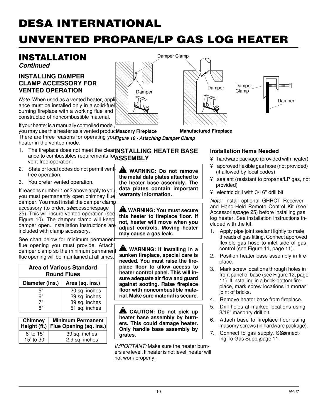 Desa VS30PRA, CFS18PRA, VS24PRA Installing Damper Clamp Accessory for Vented Operation, Installing Heater Base Assembly 