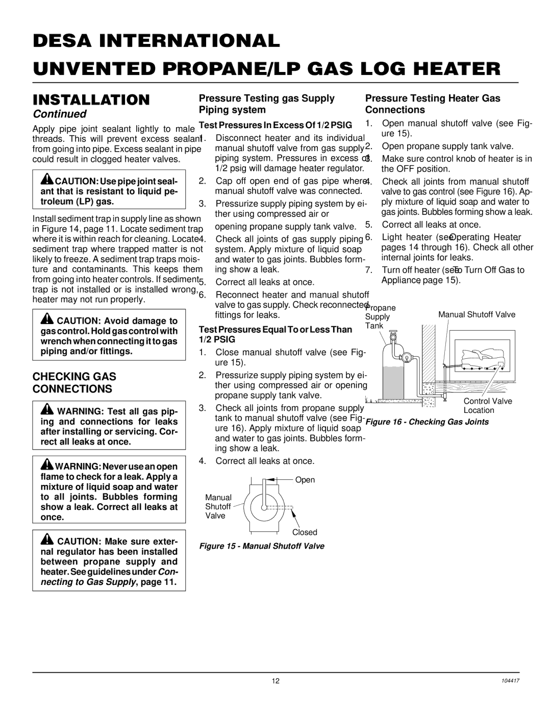 Desa CFS18PRA Checking GAS Connections, Pressure Testing gas Supply Piping system, Pressure Testing Heater Gas Connections 