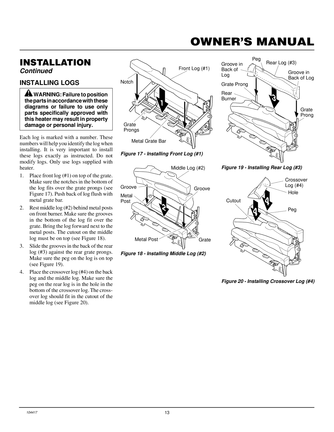 Desa VS24PRA, CFS18PRA, VS30PRA, VS18PRA installation manual Installing Logs, Installing Front Log #1 