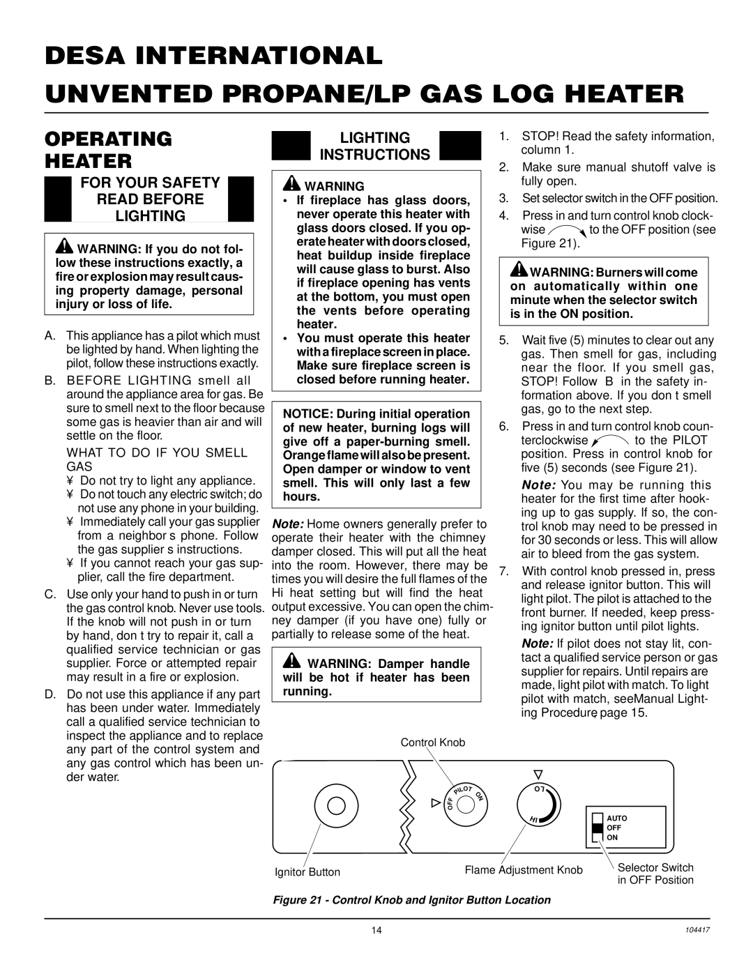 Desa VS30PRA, CFS18PRA, VS24PRA, VS18PRA Operating Heater, For Your Safety Read Before Lighting, Lighting Instructions 