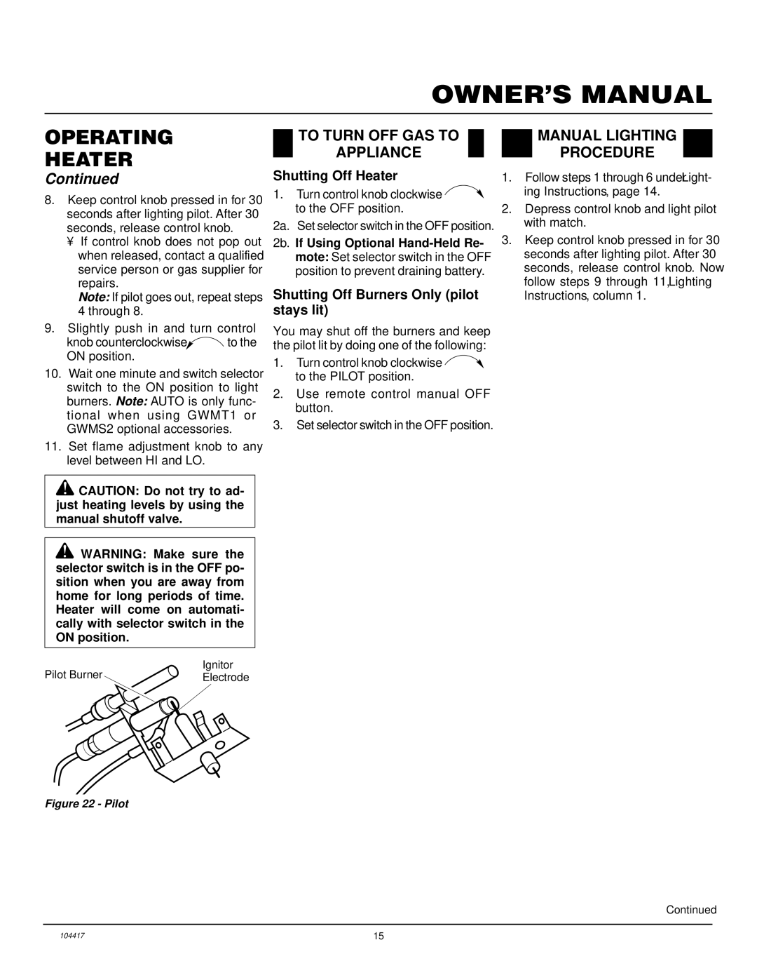 Desa VS18PRA, CFS18PRA, VS24PRA, VS30PRA To Turn OFF GAS to Appliance, Manual Lighting Procedure, Shutting Off Heater 