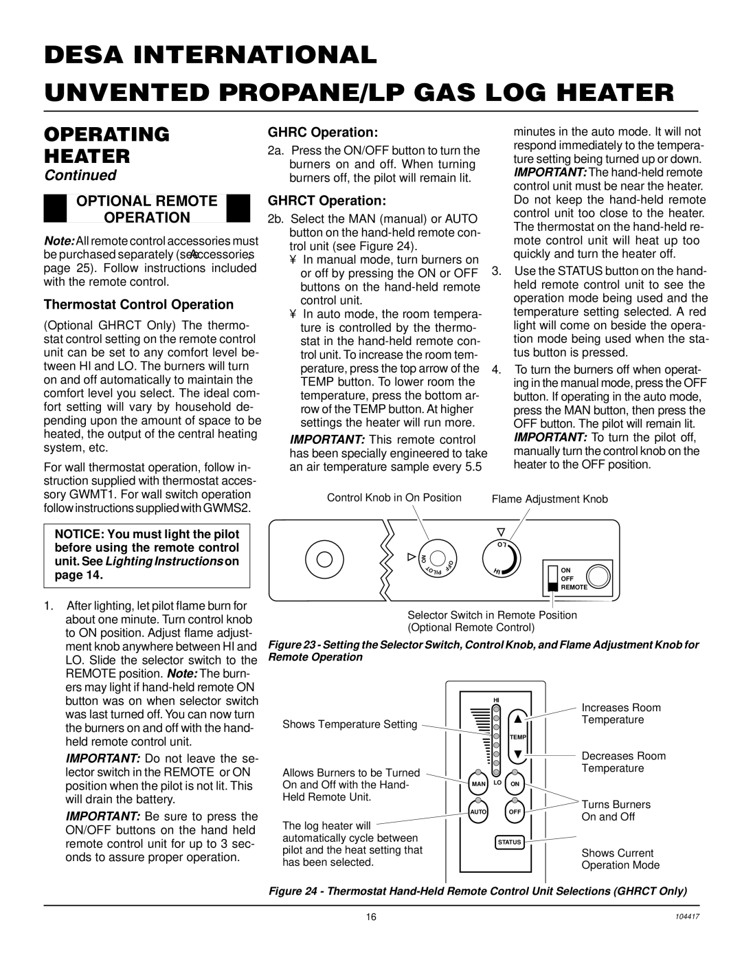 Desa CFS18PRA, VS24PRA, VS30PRA Optional Remote Operation, Thermostat Control Operation, Ghrc Operation, Ghrct Operation 