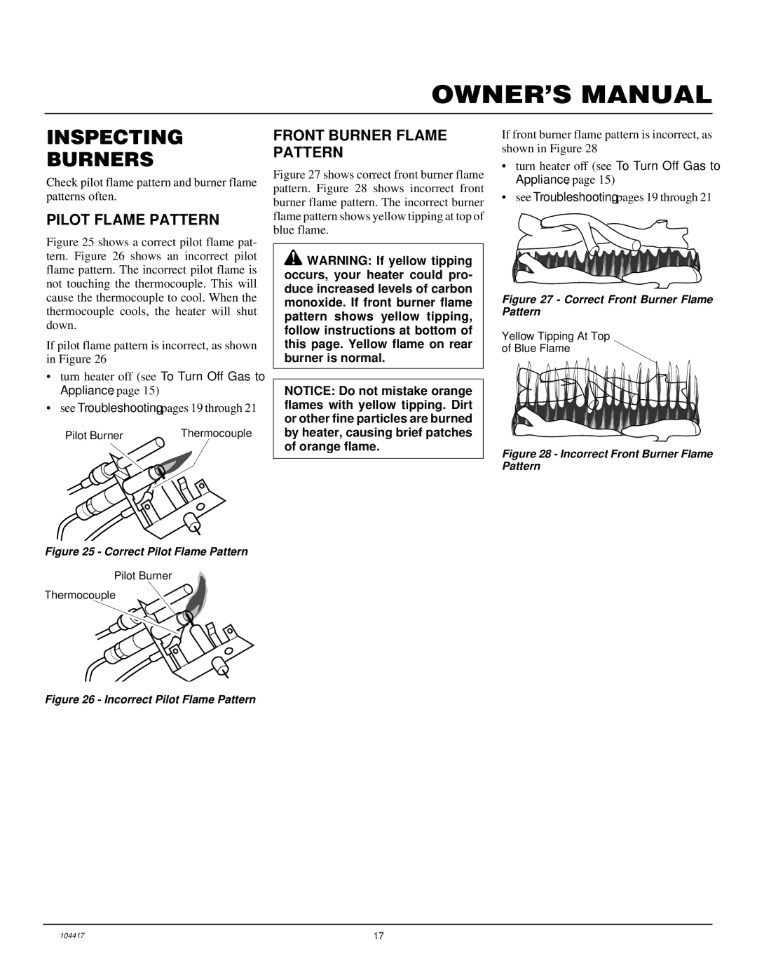 Desa VS24PRA, CFS18PRA, VS30PRA, VS18PRA Inspecting Burners, Pilot Flame Pattern, Front Burner Flame Pattern 