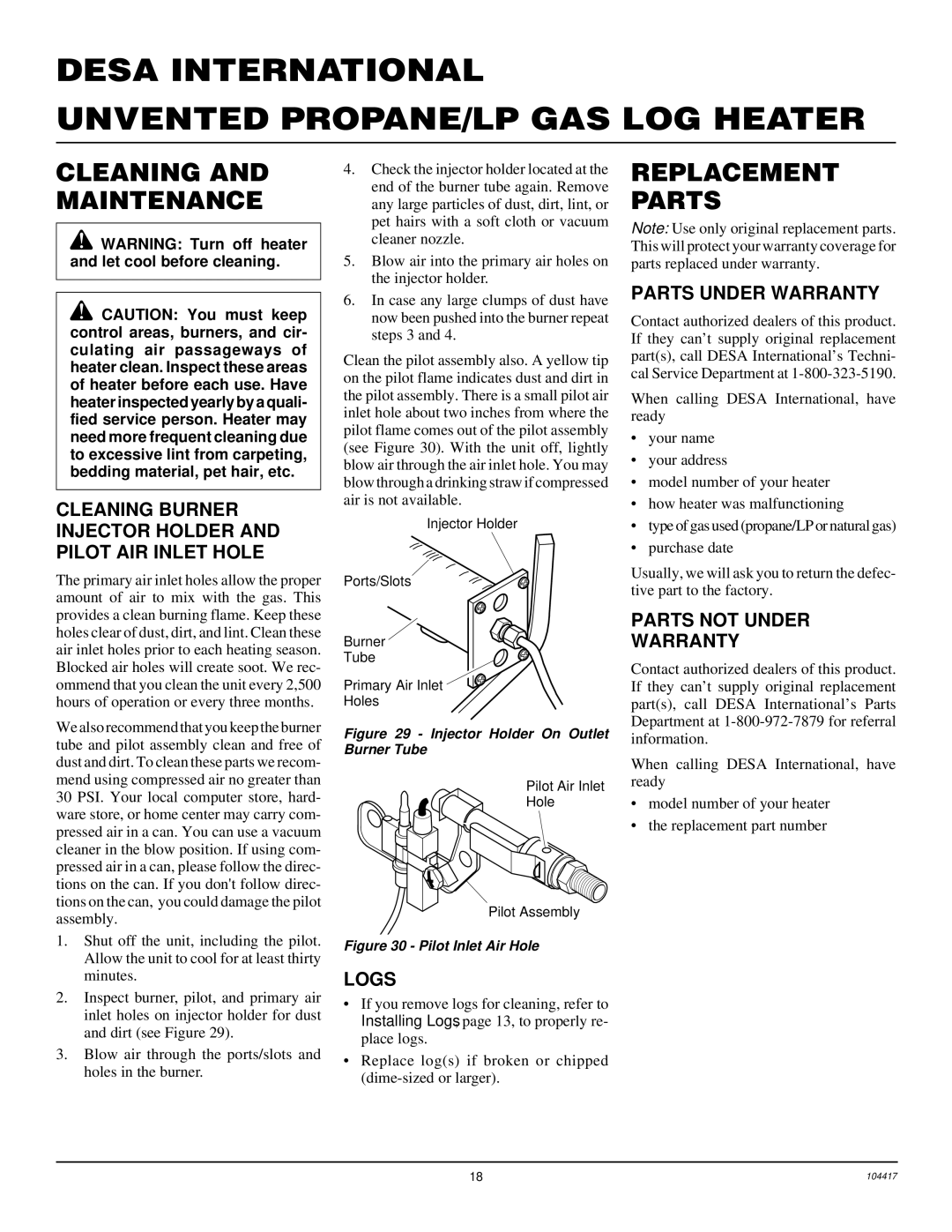 Desa VS30PRA, CFS18PRA, VS24PRA, VS18PRA installation manual Cleaning and Maintenance, Replacement Parts 