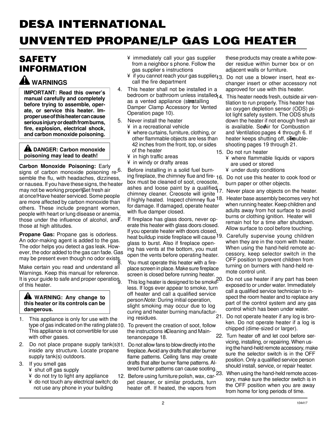 Desa VS30PRA, CFS18PRA, VS24PRA, VS18PRA Desa International Unvented PROPANE/LP GAS LOG Heater, Safety Information 